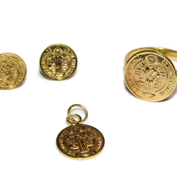 14k Yellow Gold Medium ST. Benedict 3pc Medallion Set (Earrings, Charm, & Ring)